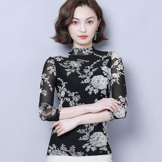 3/4-sleeve Patterned Mesh Top