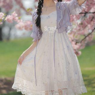 Short-sleeve Frill Trim Bolero Jacket / Spaghetti Strap A-line Dress