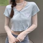 Set: Long-sleeve Sheer Top + Short-sleeve Button-up Cropped T-shirt