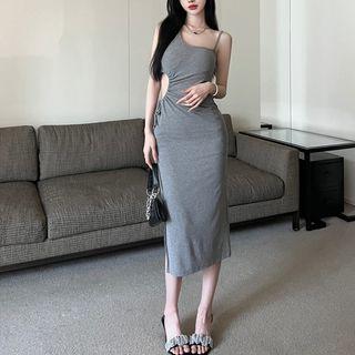 Asymmetrical Sleeveless Drawstring Cutout Midi Bodycon Dress