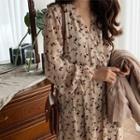 Long Sleeve Floral Printed Chiffon Dress Almond - One Size
