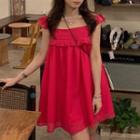Spaghetti Strap Ruffle Trim Mini A-line Dress Rose Pink - One Size