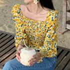Long-sleeve Floral Print Shirred Frill Trim Top Floral - Yellow - One Size