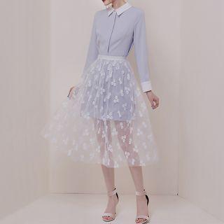 Set: Contrast Trim Long-sleeve Shirt Dress + Flower Detail Mesh Midi A-line Skirt