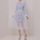 Set: Contrast Trim Long-sleeve Shirt Dress + Flower Detail Mesh Midi A-line Skirt