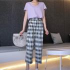Set: Plain V-neck Short-sleeve T-shirt + Plaid Pants