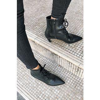 Pointy-toe Lace-up Kitten-heel Boots