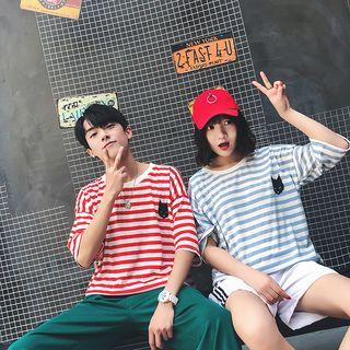 Couple Matching Short-sleeve Cat Print Striped T-shirt