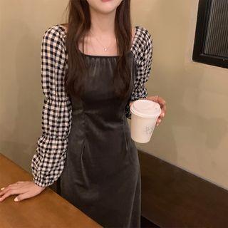 Long-sleeve Plaid Panel Velvet Dress Gray - One Size