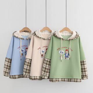 Cartoon Print Plaid Trim Hoodie