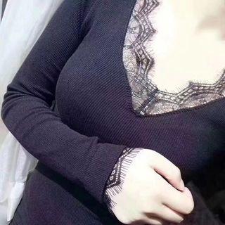 Lace Trim Long-sleeve Top Black - One Size