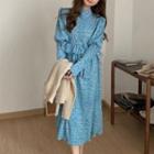 Floral Long-sleeve Midi A-line Dress 6030 - Blue - One Size