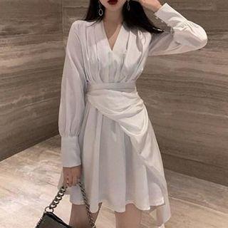 Long-sleeve Asymmetrical Draped A-line Mini Dress