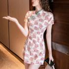 Set: Short-sleeve Floral Print Qipao Dress + Shorts