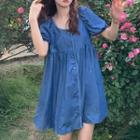 Puff-sleeve Lace Trim Denim Dress Dress - One Size