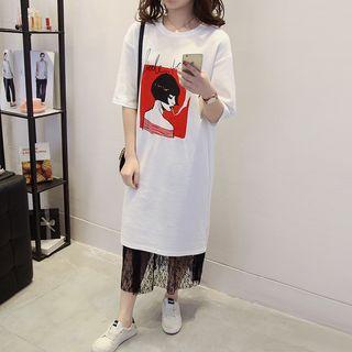 Set: Lace Midi Skirt + Elbow-sleeve Printed T-shirt Dress