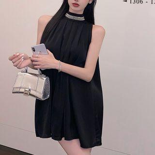 Sleeveless Mock Neck A-line Dress Black - One Size