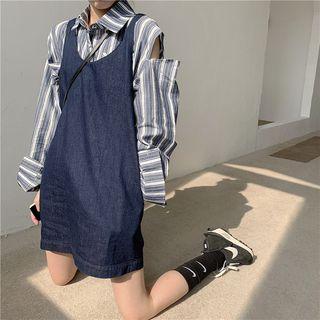 Striped Cut-out Shirt / Denim Jumper Dress