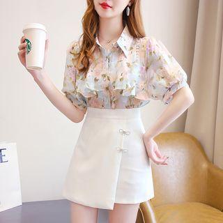 Set: Short-sleeve Floral Blouse + Asymmetrical Mini Pencil Skirt