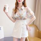 Set: Short-sleeve Floral Blouse + Asymmetrical Mini Pencil Skirt