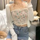 Lace Trim Button-up Floral Camisole Top / Long-sleeve Cropped Cardigan