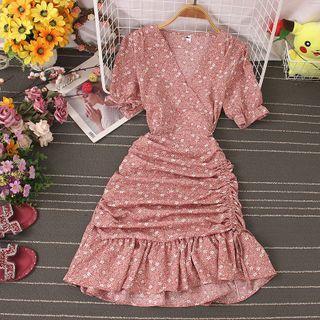 V-neck Floral Drawstring Midi A-line Dress