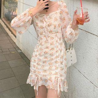 Long-sleeve Floral Print Drawstring Mini Mermaid Dress
