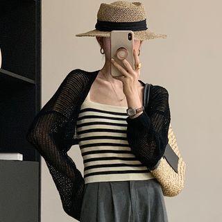 Cropped Open-front Cardigan / Striped Knit Camisole Top