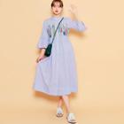 3/4-sleeve Embroidered Stripe Long Shirtdress