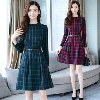 Long-sleeved Crewneck Gingham A-line Sheath Dress