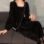 Long-sleeve Square-neck Velvet Dress Black - One Size