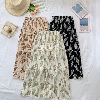 High-waist Leaf Printed A-line Skirt