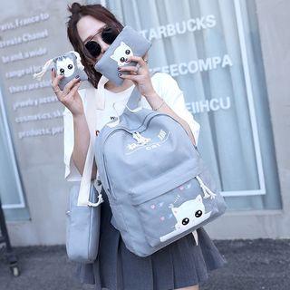 Set Of 4: Cat Print Canvas Backpack + Crossbody Bag + Zip Pouch + Drawstring Pouch
