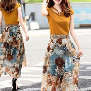 Set: V-neck Short-sleeve T-shirt + Midi A-line Skirt