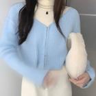 Long-sleeve Zip Panel Plain Knit Cropped Cardigan Blue - One Size