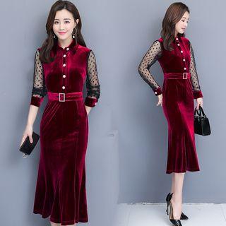 Long-sleeve Mesh Panel Midi Collared Velvet Dress