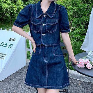 Set: Short-sleeve Denim Top + Skirt