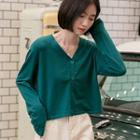 Long-sleeve Buttoned Knit Top Cyan - One Size