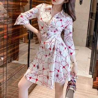 3/4-sleeve Poker Print Mini A-line Dress