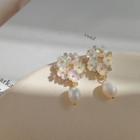 Faux Pearl Flower Dangle Earring 1 Pair - S925 Silver - Gold & White - One Size