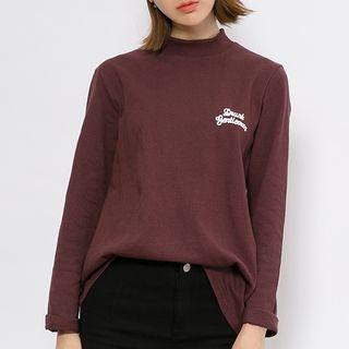Lettering Embroidered Mock Neck Long-sleeve T-shirt