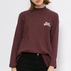 Lettering Embroidered Mock Neck Long-sleeve T-shirt