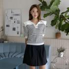 Sailor-collar Stripe Knit Top Ivory - One Size