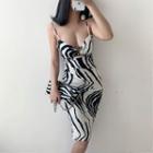 Spaghetti Strap Zebra-print Midi Sheath Dress