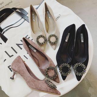Pointy-toe Rhinestone Kitten-heel Pumps
