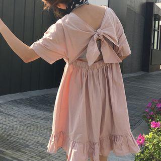 Bow Back Ruffle Hem Short-sleeve A-line Dress