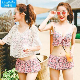 Set: Crochet Elbow-sleeve Top + Printed Bikini Top + Swim Skirt