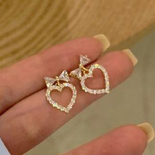 Rhinestone Heart Drop Earring 1 Pair - Silver Pin - Aolly - Rhinestone - White - One Size