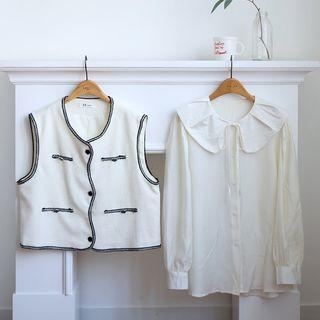 Set: Contrast-trim Vest + Beribboned Capelet Blouse