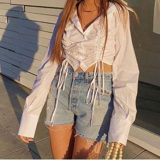 Long-sleeve Drawstring Sheer Shirt